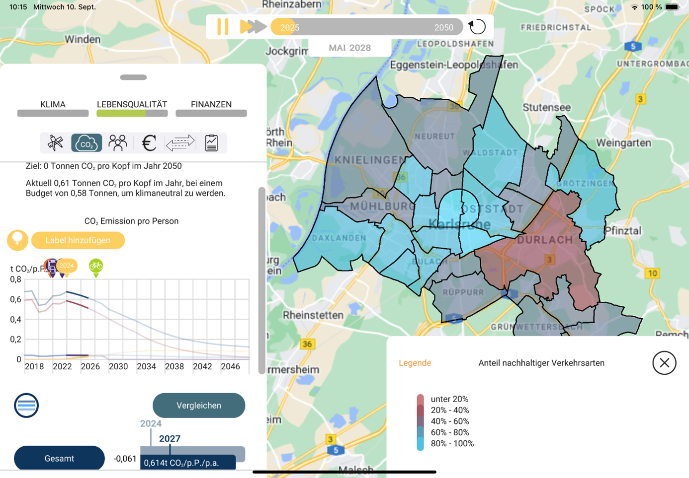 Screenshot aus der MobileCity App: Karte von Karlsruhe mit CO2-Emissionen pro Kopf und nachhaltigen Verkehrsanteilen nach Stadtteilen.