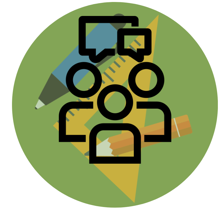 Icon für Phase 2. Drei Personen im Gespräch vor einem Stift, Lineal und Geodreieck auf grünem Hintergrund, sind dargestellt. 