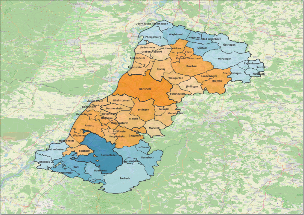 Das Bild zeigt die Region Mittlerer Oberrhein kategorisiert nach Raumstrukturen basierend auf RegioStar17. Blautöne kennzeichnen stadtregionsnahe ländliche Gebiete und eine orangene Farbgebung charakterisiert regiopolitane städtische Gebiete.