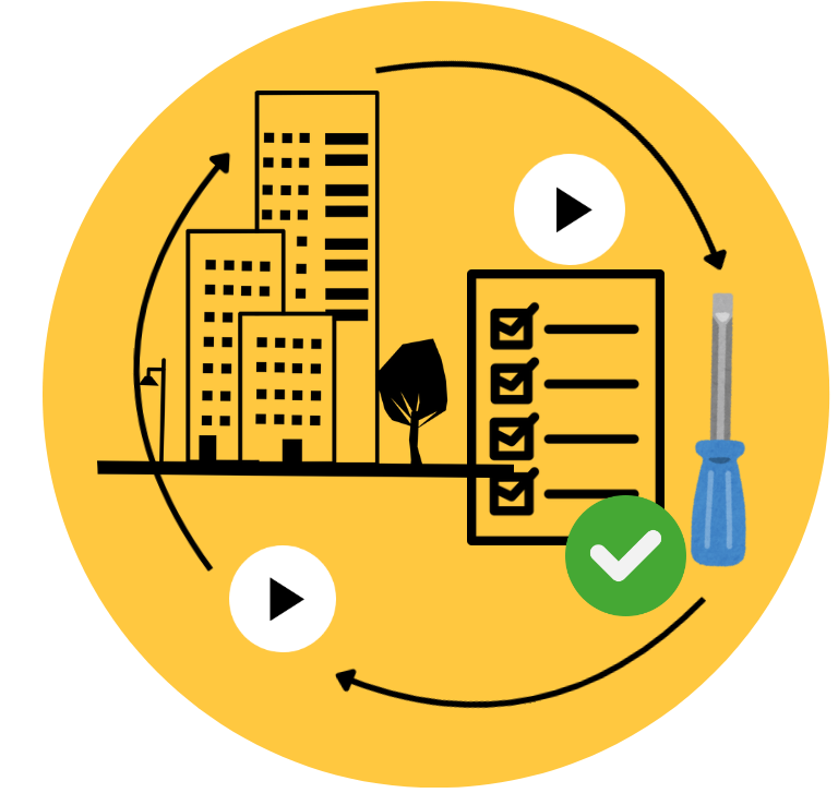 Ein Icon für Phase 3. Stilisierte Gebäude, Checkliste mit Häkchen und Schraubendreher auf gelbem Hintergrund